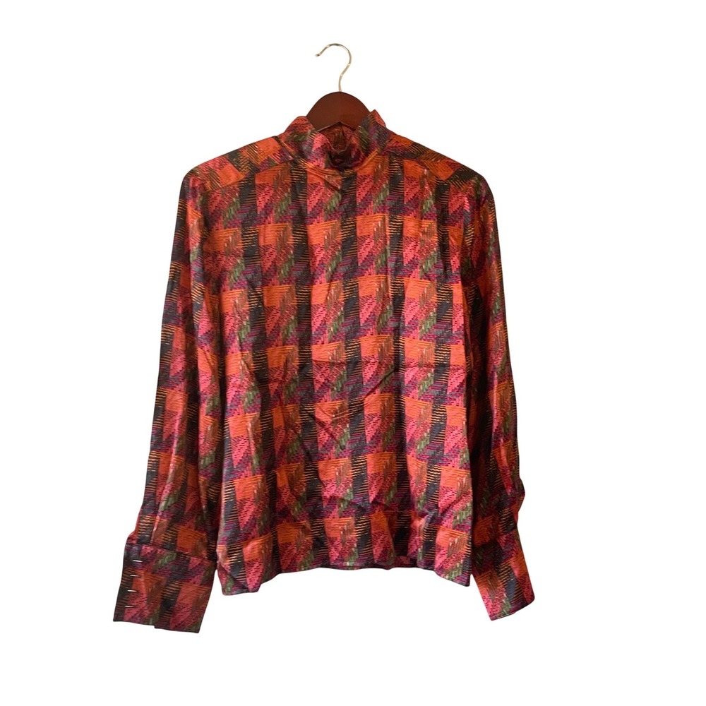 Vintage Carlisle 100% Silk Mock Neck Blouse Abstract Geometric Print Size‎ 8
